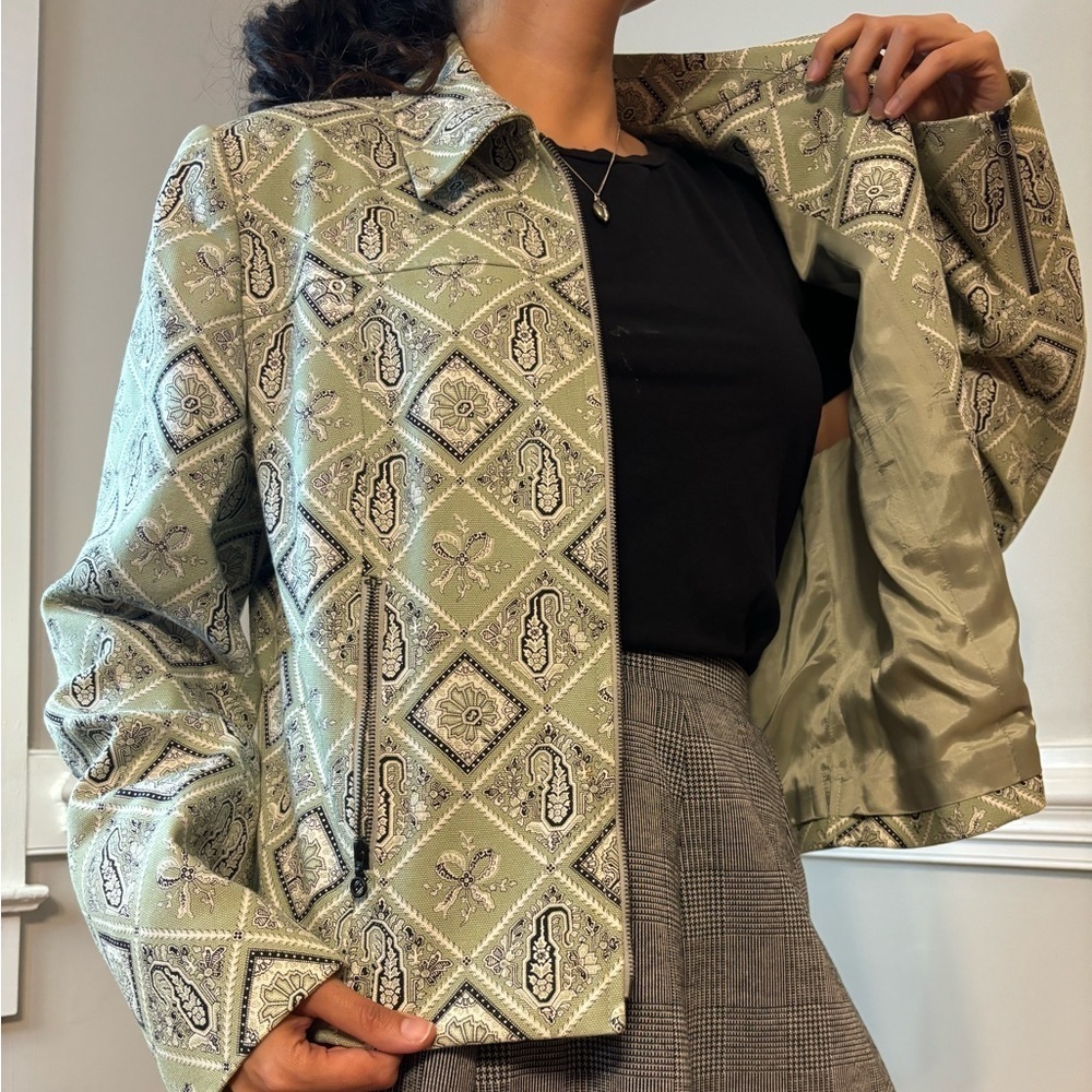 Vintage Cottagecore Green Ethereal Paisley Zip Up Twee Romantic Jacket - Large